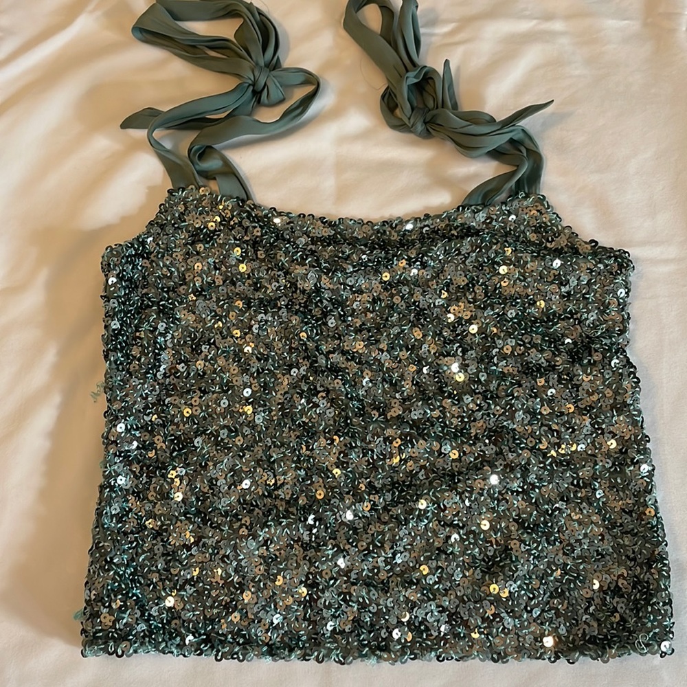 Free People teal sequined tank with satin tie shoulders